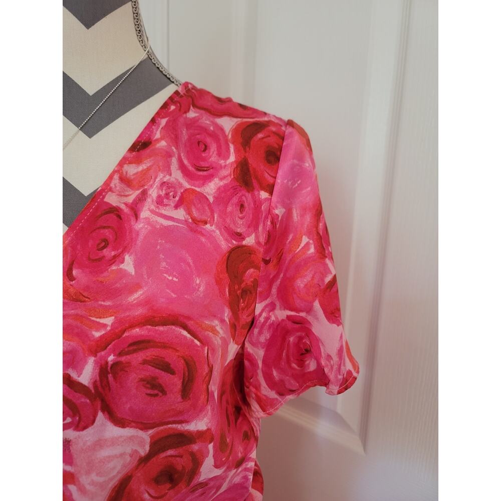 Pink Floral Rose Print Wrap Top & Flare Skirt Set Sz M Satin Lightweight Travel - Picture 4 of 13